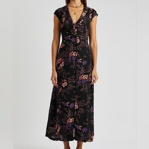 Free People Black Maxi Dress with Pink and Purple Floral Pattern